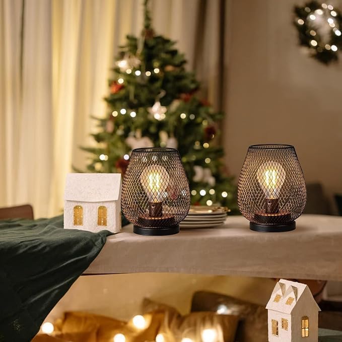 DECORKEY Set of 6 Battery Operated Lamp LED Table Lantern, Brown Metal Cage Cordless Lamps with LED Bulb,Vintage Decorative Outdoor Lantern for Weddings, Parties, Patio, Events for Indoors Shelf Decor