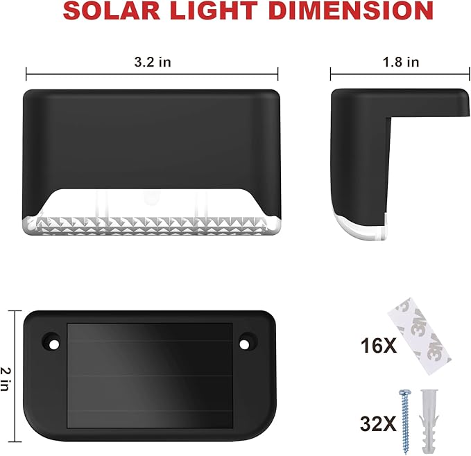 pearlstar 16 Pack Solar Step Deck Fence Lights, Solar Step Lights Outdoor Waterproof Led Solar Fence Lamp for Patio, Stairs,Garden Pathway, Step and Fences(Black)