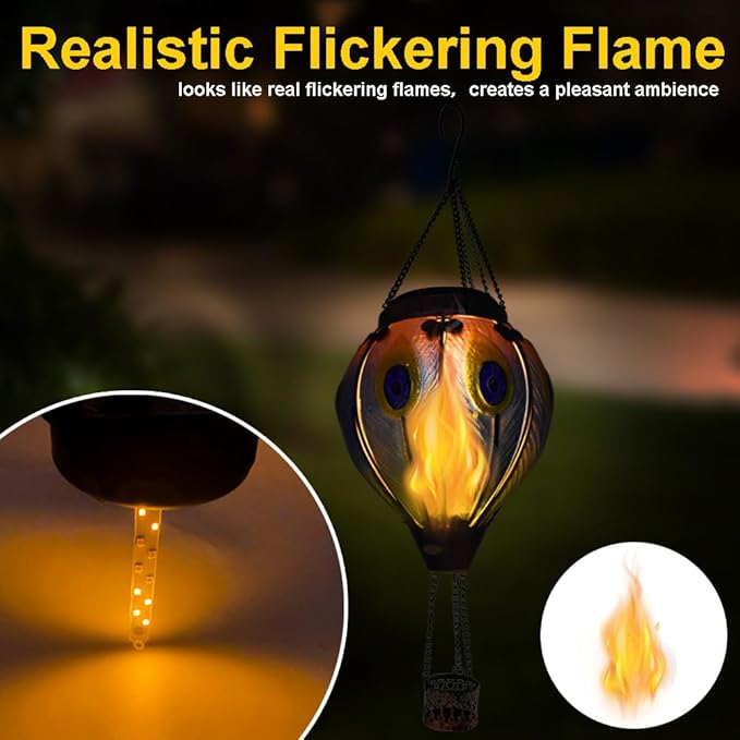 2PC Hot Air Balloon Solar Lantern with 2PC Shepherd Hook, Flickering Flame Hanging Solar Lanterns Outdoor Lights Waterproof Lanterns for Garden Patio Yard Party Decor (Peacock Feather Blue)