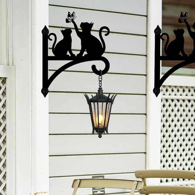 Peacoblue Iron Plant Hangers Hooks for Outdoor Indoor Hanging Plants Fern Pots, Lantern, Bird Feeder, Wind Chimes, 12โx14โ Cat Weather Resistant Metal Wall Brackets Holder for Porch, Garden, Home(Cat)