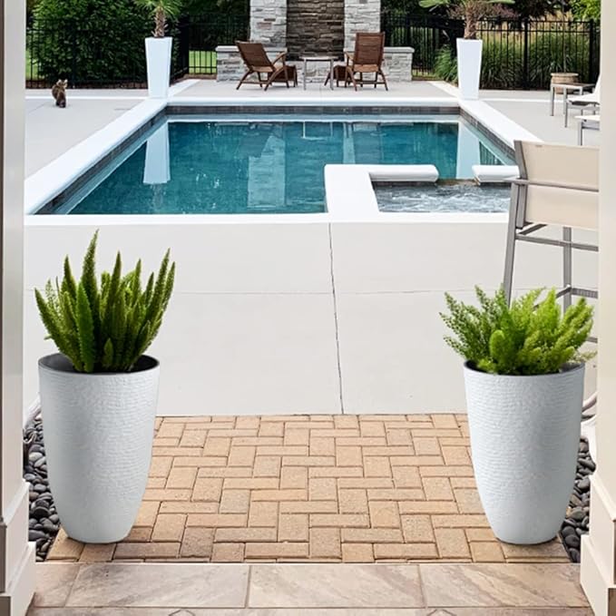 Worth Garden 2-Pack 21" H. White Tall Planters - 14'' Dia Resin Large Round Flower Pots for Outdoor Plants Trees - Imitation Stone Finish Plastic Indoor Front Porch 9 Gallon Decorative Container Patio