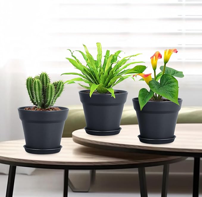 6 inch Nursery Pots, Seedling Pots, 16 Pack Plant Pots for Indoor Outdoor Plants, Flower Pots with Drainage Holes and Saucers, Decorative Plastic Planters for Home Small Plants, Black