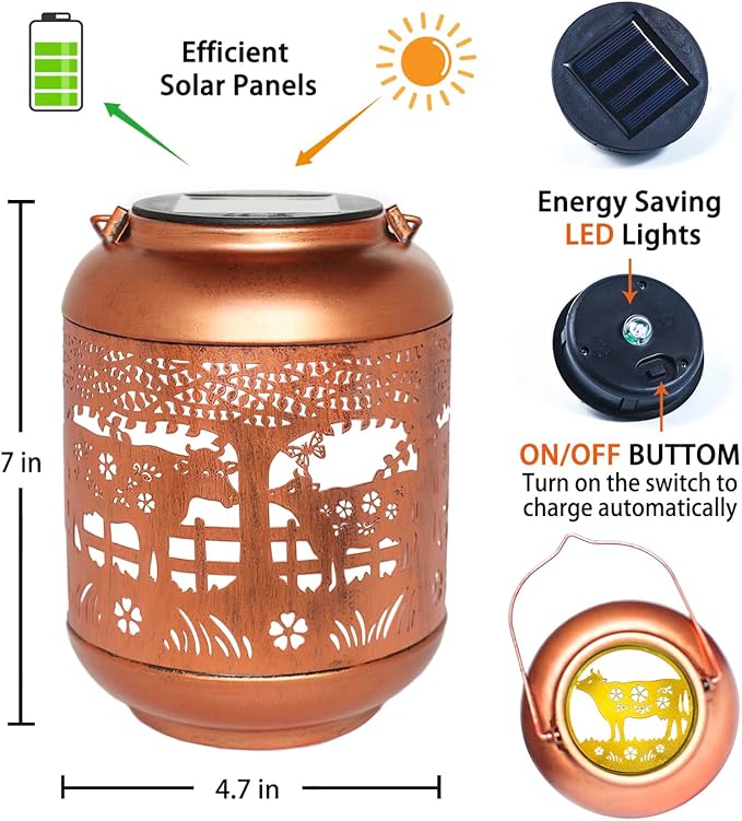 2 Pack Cow Solar Lanterns Outdoor Waterproof Hanging Solar Lights Cow Gifts for Women Men Mom Metal Decorative LED Outdoor Lanterns for Patio, Lawn, Landscape, Garden Decor, Yard Decorations