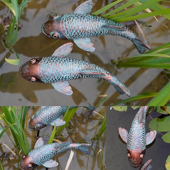 Koi Fish Decor - Set of 2 Antique Koi Fish Garden Statue for Outdoors, Patio and Backyard Decoration