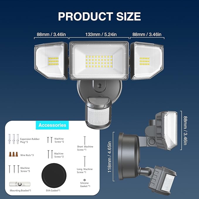 85W LED Security Lights Motion Sensor Light Outdoor, 8500LM Dusk to Dawn, IP65 Waterproof, 6500K, 3 Head Motion Detected Flood Light, Floodlight for Outside, Garage, Yard, Porch (Black)