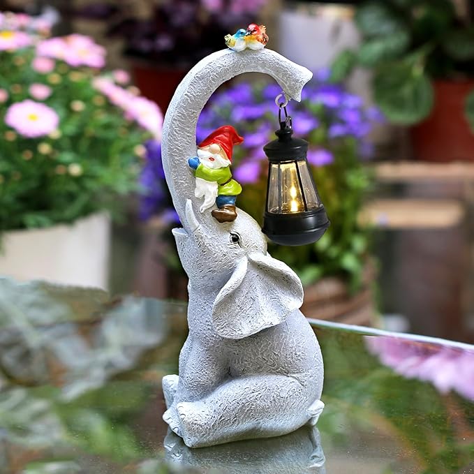 Elephant Statues Garden Decor - Lucky Elephant Outdoor Statues with Solar Powered Lantern, Elephant Statue Gifts for Women,Resin Yard Art for Outdoor & Home Decor(11" Elephant)