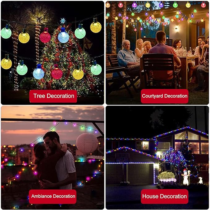 Solar String Lights Outdoor 2 Pack 200 Led 80FT Multi-Color Crystal Globe Lights with 8 Lighting Modes, Waterproof Solar Powered Patio Lights for Garden Yard Porch Wedding Party Decoration