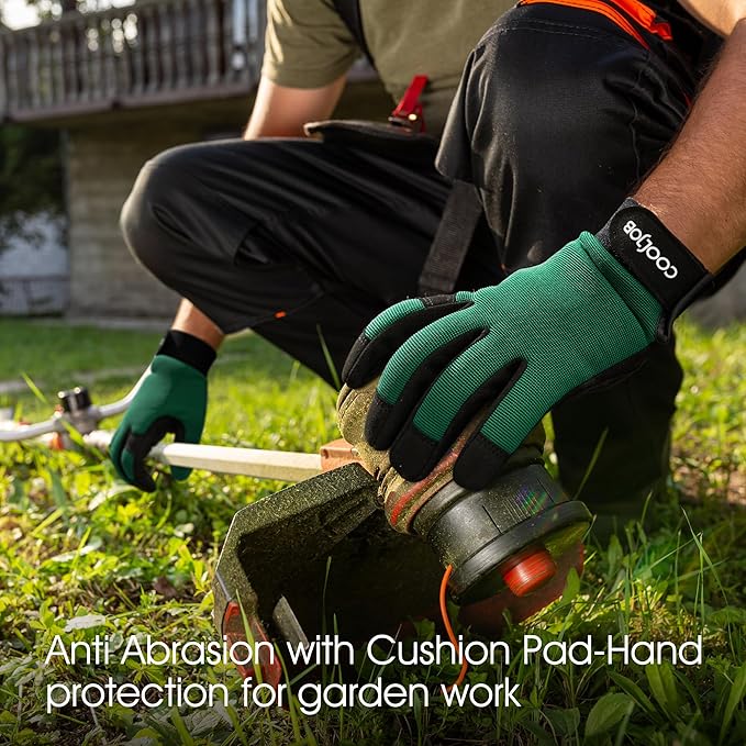 COOLJOB Thorn Proof Garden Gloves with Touchscreen Fingers for Men, Rose Pruning Work Gloves with Palm Cushion for Gardener, Farmer and Landscaper (Green 1 Pair Small)