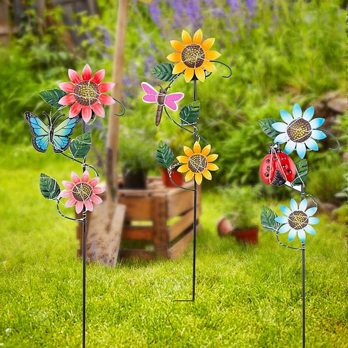 3 Pack Solar Garden Light, Sunflower & Insect Metal Solar Stake Lights, Outdoor Statues Figurine Lights for Spring Garden Lawn Patio Yard Decor