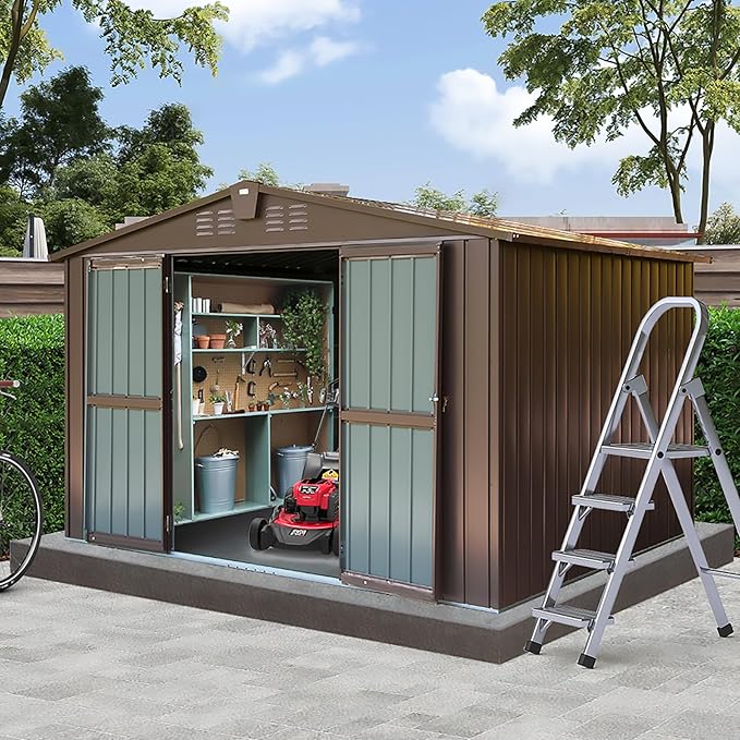 Domi Outdoor 10' x 8' Storage Shed, Metal Steel Utility Tool Shed Storage House with Double Lockable Doors & Air Vents for Backyard Patio Garden Lawn Brown