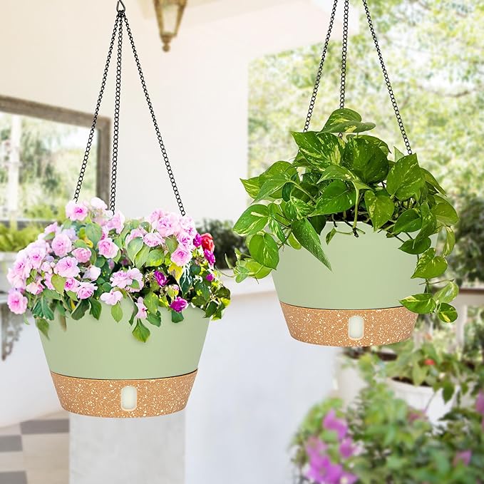 QCQHDU 2 Pack 10 inch Hanging Planters for Indoor Plants, Outdoor Hanging Baskets, Self Watering Pots with Drainage Holes & Removable Tray (Green, 10 inch)