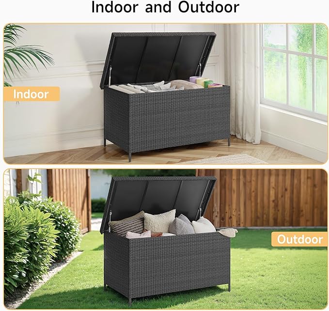 158 Gallon XL Deck Box with Lid, All Weather Wicker Outdoor Storage Box Waterproof, Large Outdoor Patio Storage Bin for Cushions, Garden Tools, Gears, Pool Accessories, Black
