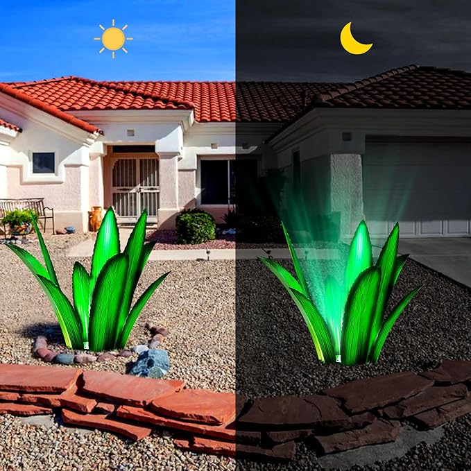 Upgraded Large Metal Yard Art, Metal Agave Plant Yard Decorations Outdoor Sculpture, Metal Flowers for Outside, Waterproof Outdoor Garden Decor (Blue (W/Solar Light))