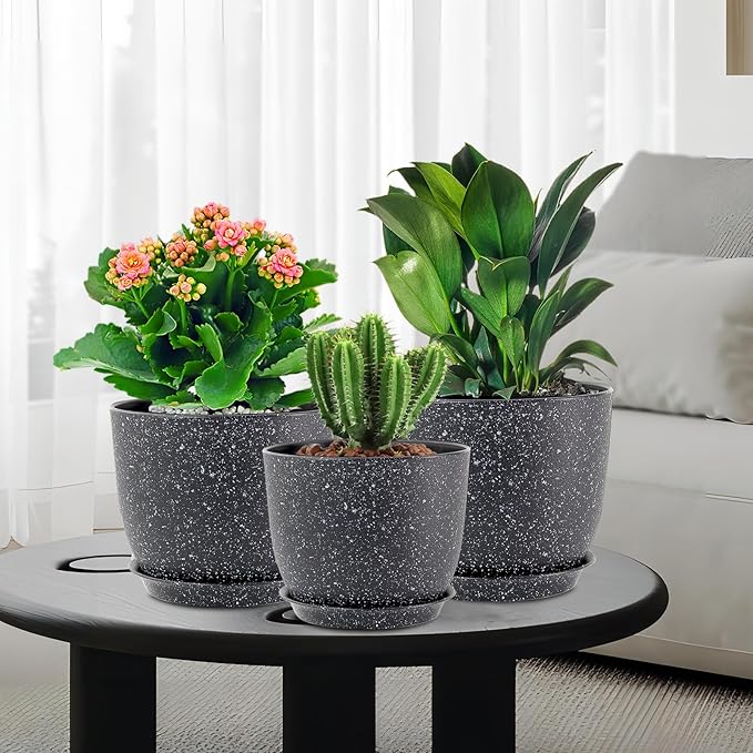 9/8/7.5 inch Plant Pots, Set of 3 Modern Decorative Plastic Planters with Drainage Holes and Saucer for Garden House Plants, Flower Pots for Indoor Outdoor Plants, Speckled Black
