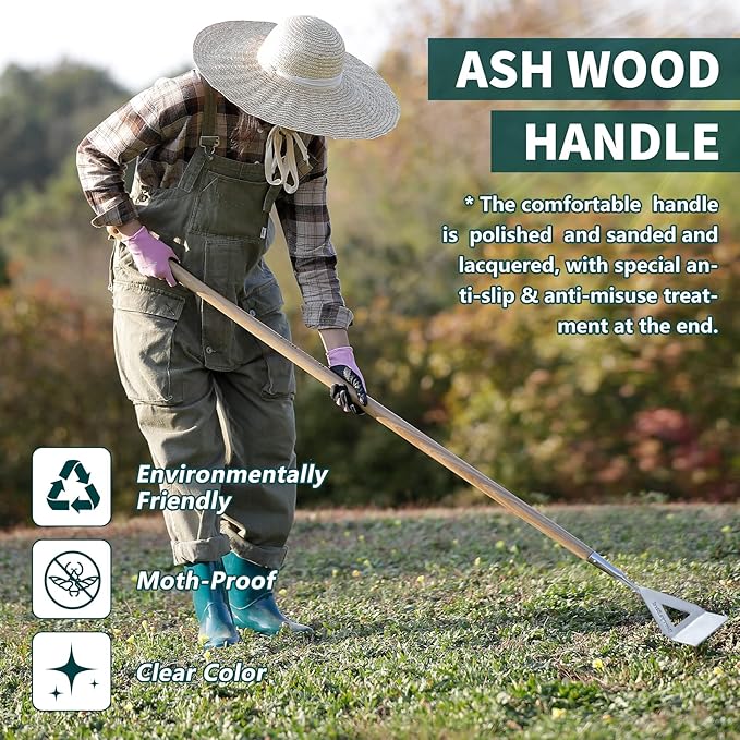 Berry&Bird Dutch Hoe for Weeding,63'' Stainless Steel Garden Weed Hoe with Long Wooden Handle,Heavy Duty Scuffle Hoe Manual Weeder Tool for Gardening Moss Removal Cutting Grass Soil Loosening & Edging