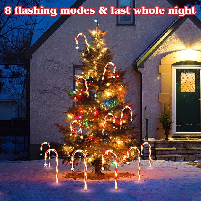 19.3in Christmas Solar Candy Cane Lights, 20 Pcs Pathway Light with Snowflake 8 Flashing Modes, Outdoor Christmas Decorations for Outside Path, Walkway, Driveway, Sidewalk, Porch, Yard, Garden