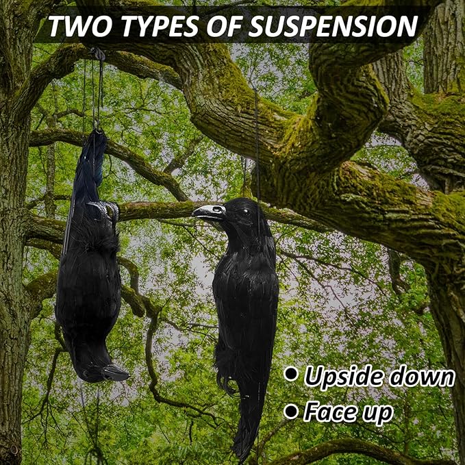 Lewtemi 1 Pcs 17 Inch Realistic Hanging Dead Crows Decoy Life Size Black Feathered Crow Fake Black Crows for Garden Decorations