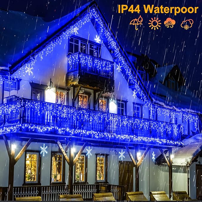 Icicle lights Outdoor - 33ft Christmas Lights with 400LED 75 Drops 8 Modes, Plug in Curtain String Lights Waterproof for Holiday Wedding Party Home Garden Bedroom Indoor Outdoor Decoration, Blue
