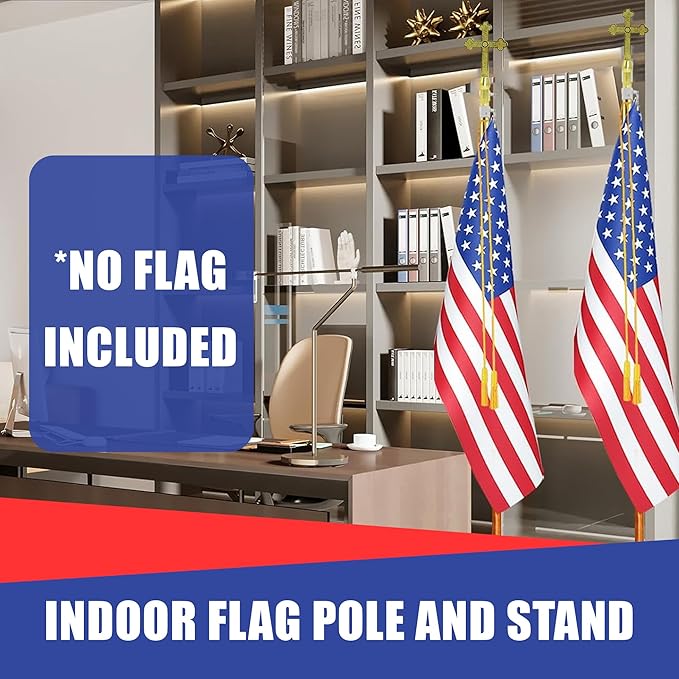 Super Tough Indoor Flag Pole kit 9ft - Plastic Cross - Gold Texture Base - Aluminum Flagpole with Brass Finish - Heavy Duty Inside House Flagstaff - Interior Shaft and Stand - No Ensign Included
