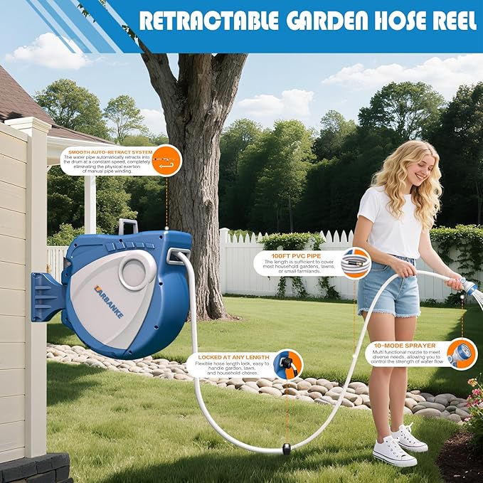1/2 in × 100 ft Garden Hose Reel,Wall-Mounted Hose Reel with Bottom Drain,180° Rotating Bracket,with 10-Function Sprayer Nozzle,Lockable at Any Length,Equipped with Waterproof Bag(Blue)