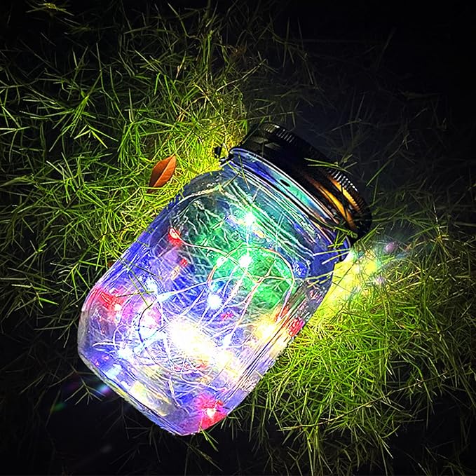 Hanging Solar Mason Jar Lights,ZQX 2 Pack 20 Led String Hanging Mason Jar Lanterns for Outdoor,Great Decor Light for Outside Patio Garden Yard Fence Wedding Table,Hangers and Jars Included(Multicolor)