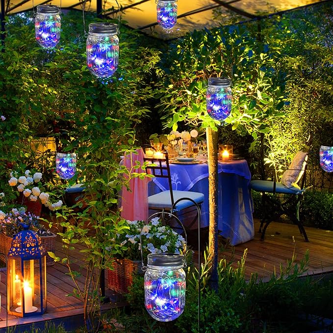 Hanging Solar Mason Jar Lights,ZQX 4 Pack 20 Led String Hanging Mason Jar Lanterns for Outdoor,Great Decor Light for Outside Patio Garden Yard Fence Wedding Table,Hangers and Jars Included(Multicolor)