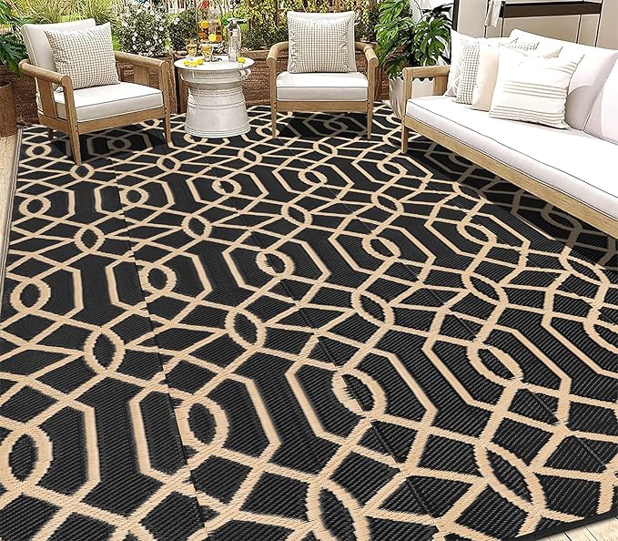 HEBE Outdoor Rug Waterproof 9x12, Reversible Plastic Straw Rug RV Camping Rug, Indoor Outdoor Patio Mat Clearance, Outside Carpet for Porch,Deck,Camper,Balcony,Backyard,Picnic