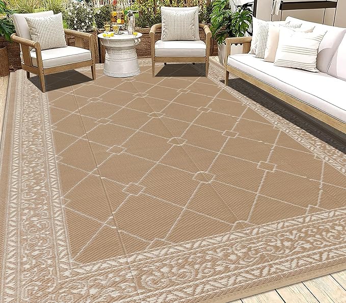 HEBE Outdoor Rug Waterproof 8x10, Reversible Plastic Straw Rug RV Camping Rug, Indoor Outdoor Patio Mat Clearance, Outside Carpet for Porch,Deck,Camper,Balcony,Backyard,Picnic