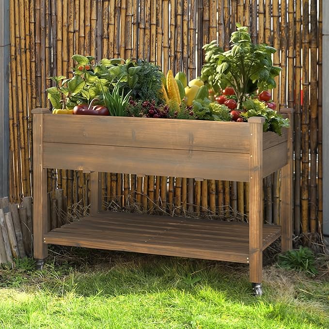 MUPATER 4x2FT Raised Garden Bed, Planter Box with Four Wheels and Legs for Herbs and Vegetables, Elevated Garden Bed with Drainage Holes for Outdoor Indoor, Rustic