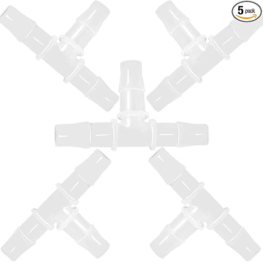 3/4" Tee Fitting Equal Barb 3 Way Hose Barb Fitting Splicer Joint Mender Adapter Union Fitting for Fuel Gas Liquid Air (Pack of 5)