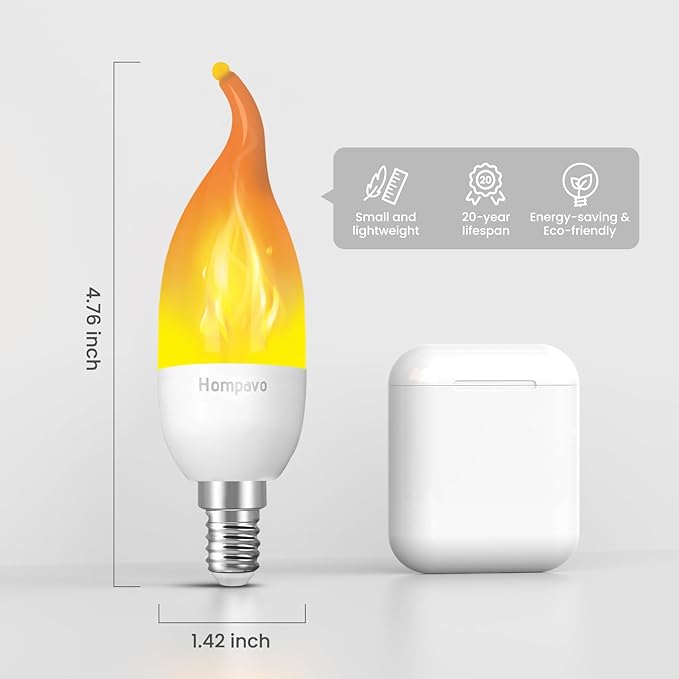 Hompavo 【Upgraded】 LED Flame Light Bulbs, 3 Modes Flickering Light Bulbs, E12 Chandelier Base Candle Fire Light Bulb for Halloween Christmas Party Porch Indoor & Outdoor Home Decoration - 6 Pack