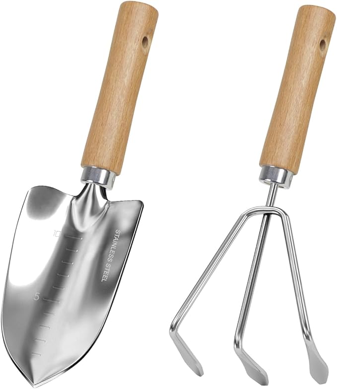 LeMotech Garden Tool Set, 2Pcs Gardening Hand Tools, Stainless Steel Trowel and Cultivator with Beech Handle, Outdoor Gardening Kit for Women Men