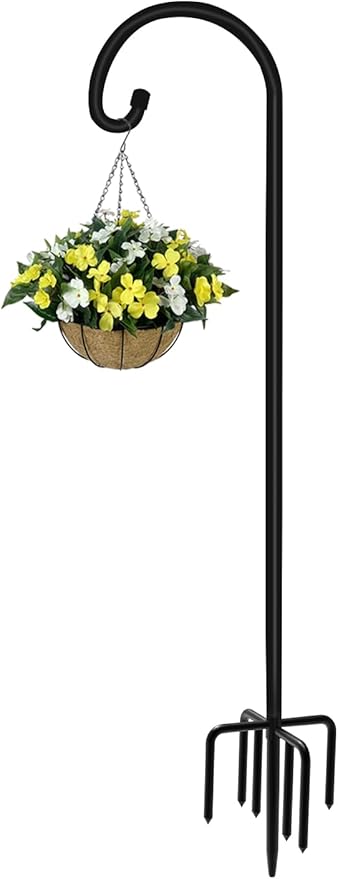 60 inch Outdoor Shepherd Hook with Upgraded 7 Prong Base (1 Pack), Adjustable Heavy Duty Garden Hanging Stake for Bird Feeder Solar Light Plant Hanger Wedding Decor, Matte Black