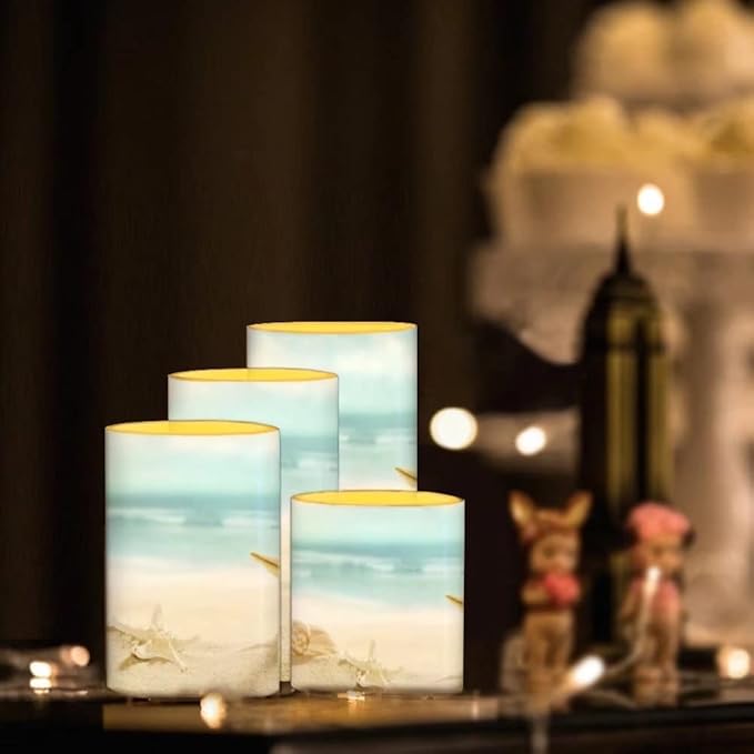 Beach Starfish Seashell Flameless LED Battery Candles 4 Pieces Pillar Fake Candles with Colored Light 4H 8H Timer Remote for Wedding Beach Party Decor