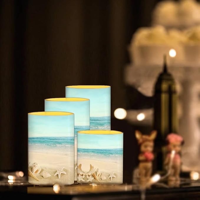 Beach Starfish Flameless Light Candles with 4H 8H Timer, Battery Operated Candles with 18-Key Remote Flickering Smokeless Pillar Candles-4PCS