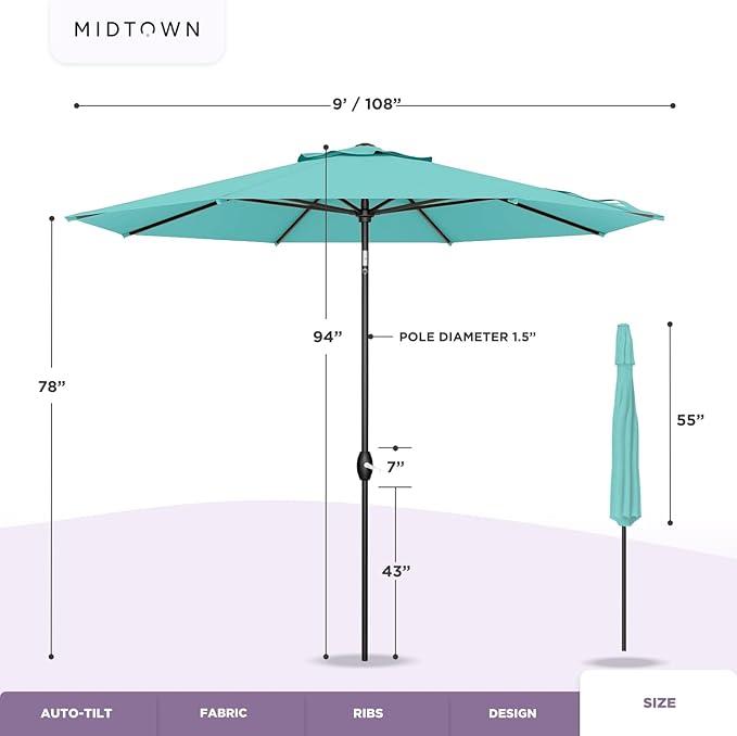 Midtown Umbrellas Sunbrella Umbrella 9 Feet Outdoor Umbrella With Canvas Glacier Acrylic Fabric - Auto-Tilt Aluminum Frame Patio Umbrella For Backyard, Deck, Garden, Pool - Black Pole