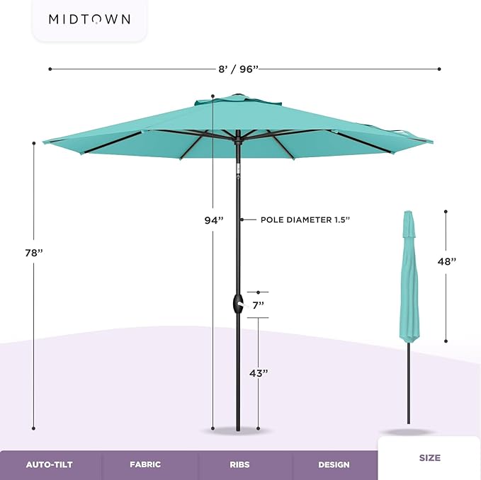 Midtown Umbrellas Sunbrella Umbrella 8 Feet Outdoor Umbrella With Sunbrella Macaw Acrylic Fabric - Auto-Tilt Aluminum Frame Patio Umbrella For Backyard, Deck, Garden, Pool - Black Pole
