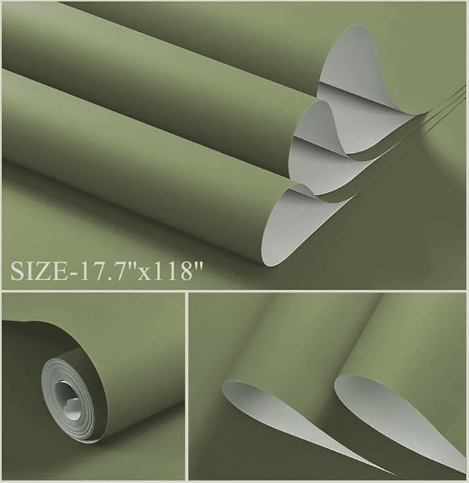 Dimoon 110''x17.7'' Green Peel and Stick Wallpaper Contact Paper Modern Self Adhesive Wall Paper Removable Renter Friendly Textured Solid Color Shelf Cabinet Vinyl Roll (110''x17.7'',Olive Green)
