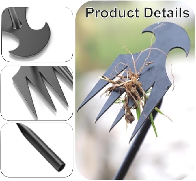Stainless Weeding Artifact Uprooting Weeding Tool, Stainless Steel Forged Weed Puller 4 Teeth Dual Purpose Weeder, Hand Weeder Tool for Gardening with Long Handle (Black 2Pcs)