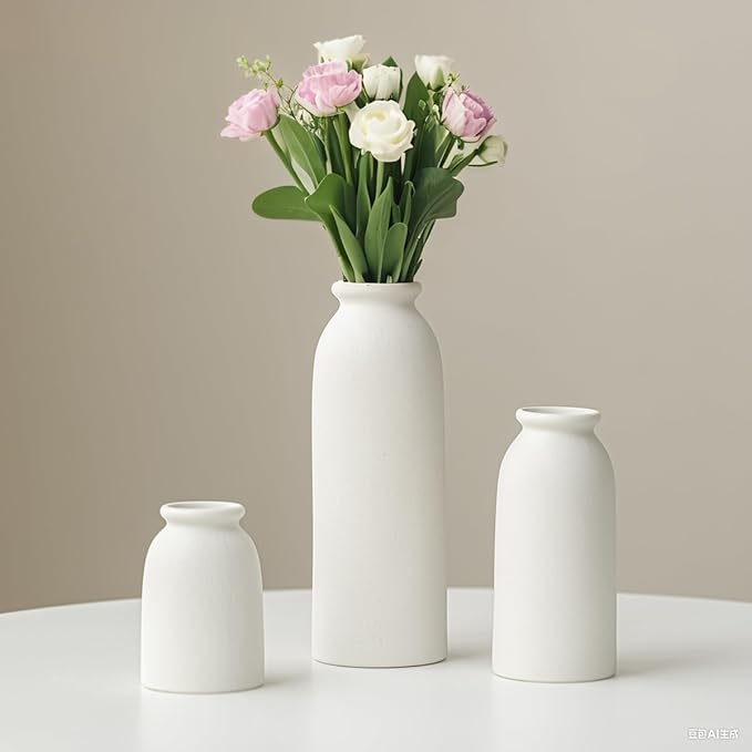 Ceramic Vase Set-3, Small Flower Vases for Decor, Modern Boho Farmhouse Style, Decorative Shelf Vases for Pampas Grass & Dried Flowers, Distressed Finish (White)