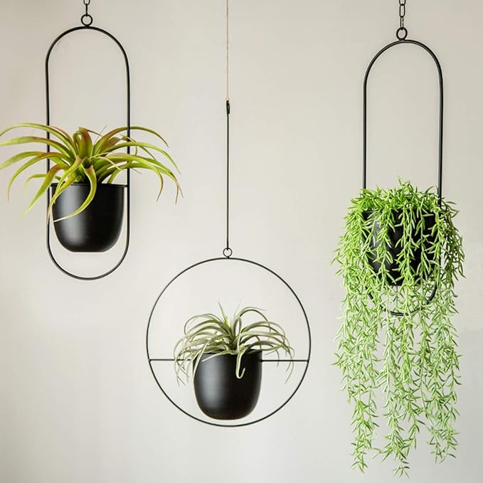 Boho Black Metal Plant Hanger,Metal Wall and Ceiling Hanging Planter, Modern Planter, Mid Century Flower Pot Plant Holder, Minimalist Planter for Indoor Outdoor Home Decor