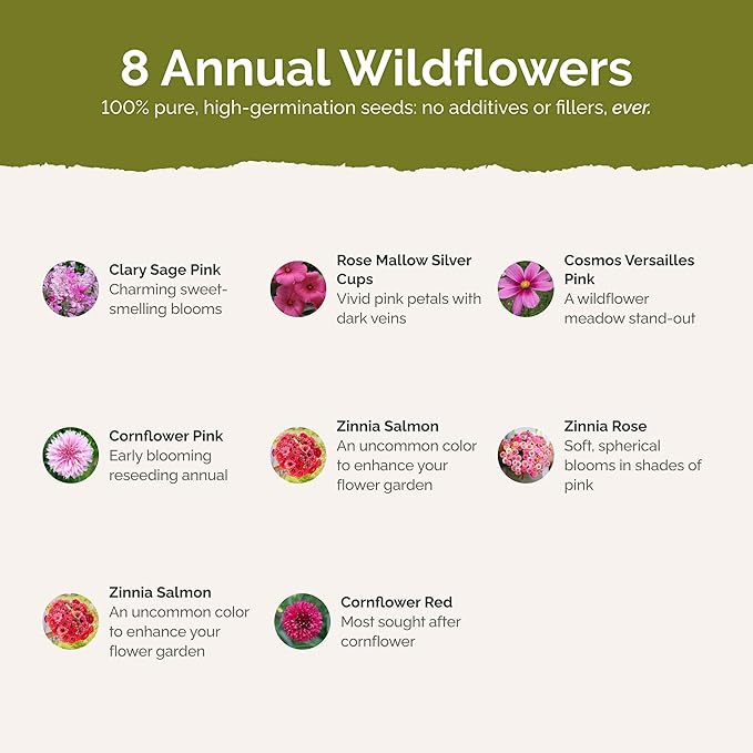 Eden Brothers Pink Perfection Flower Mixed Seeds for Planting, 5 lb, 2,400,000+ Seeds with Zinnia, Cosmos Versailles | Attracts Pollinators, Plant in Spring or Fall, Zones 3, 4, 5, 6, 7, 8, 9, 10