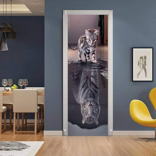 3D Peel and Stick Wall Mural - Cat Becomes Tiger - Self-Adhesive Removable PVC Waterproof Door Poster for Bedroom Living Room 37.4" x 82.7"