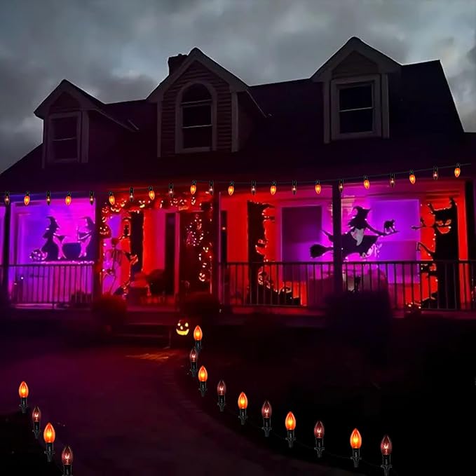 19.5Ft Halloween Pathway Lights, 10 Pack C9 Orange & Black Bulbs, Connectable, UL Listed, Outdoor Garden Yard Driveway Lawn Decor