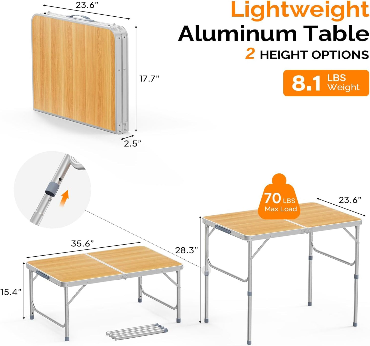 VINGLI 3FT Small Camping Table Adjustable Height Aluminum Folding Table for Picnic Party BBQ, Plastic RV Suitcase Table Portable Lightweight Fold Up Utility Outdoor Tables with Carrying Handle …