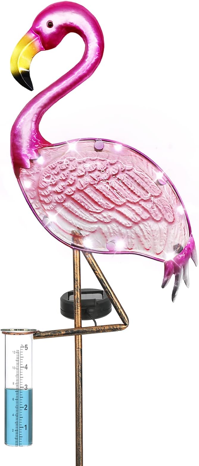 Flamingo Rain Gauge Solar Stake Outdoor, 43’’ Solar Rain Gauge LED Lights with Rainfall Gauge for Garden, Yard, Lawn, Pathway, Patio