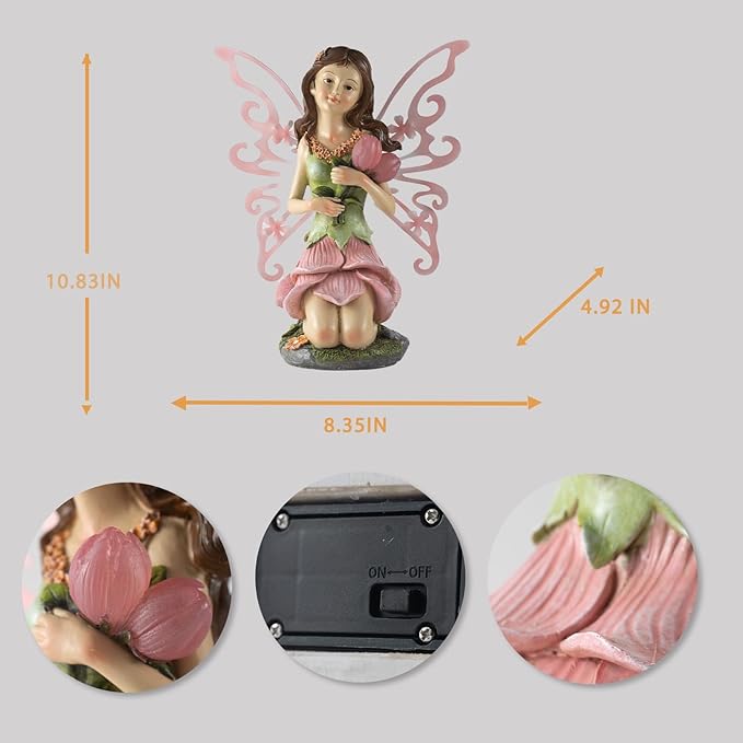 Fairy Decor, Solar Outdoor Statue, Accessories for Fairy Garden Gifts - Resin Figurine for Patio Yard Lawn, Size 8.35 x 4.92 x 10.82 inches