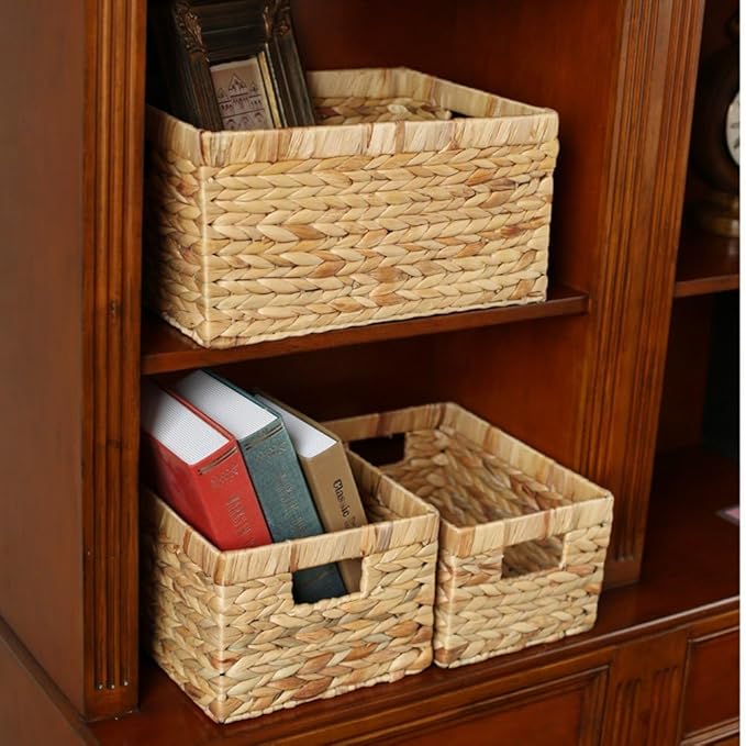 Basket Box Woven Natural Water hyacinth Rectangular with Handle,Kingwillow.(Small)