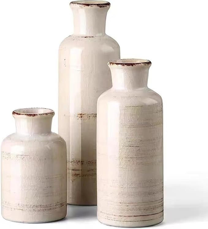 Ceramic Vase Set of 3,Modern Small Vase for Flowers,Rustic Vintage Ceramic Flower Vases for Home Decor,Decorative Vases for Table Centerpiece,Bookshelf,Fireplace and Entryway