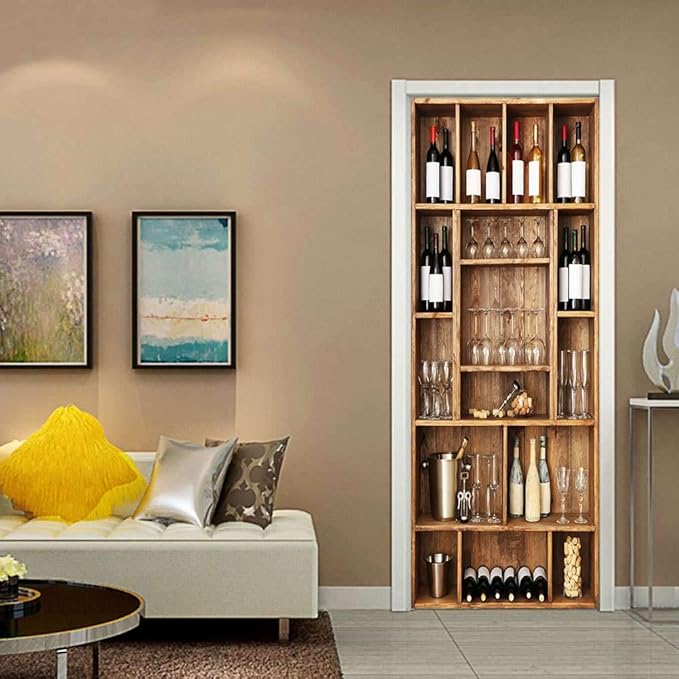 3D Door Wallpaper Self-Adhesive Door Sticker - Wine Cabinet - Door Film Poster Premium PVC Waterproof Wall Sticker for Bedroom Living Room Door Decoration Wallpaper 95 x 200 cm